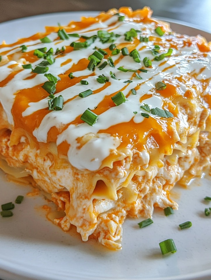 Cheesy Buffalo Chicken Lasagna with Ranch Drizzle