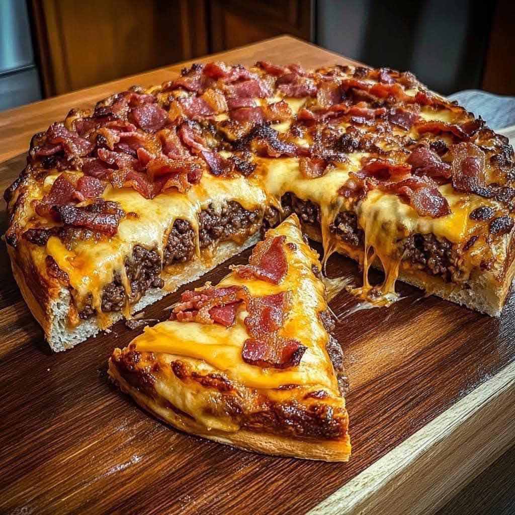 Giant Burger-Pizza with Meat, Cheese, and Bacon Slices