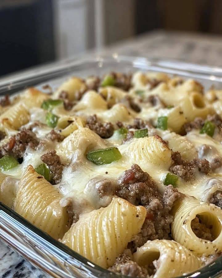 Philly Cheesesteak Casserole with Pasta Shells