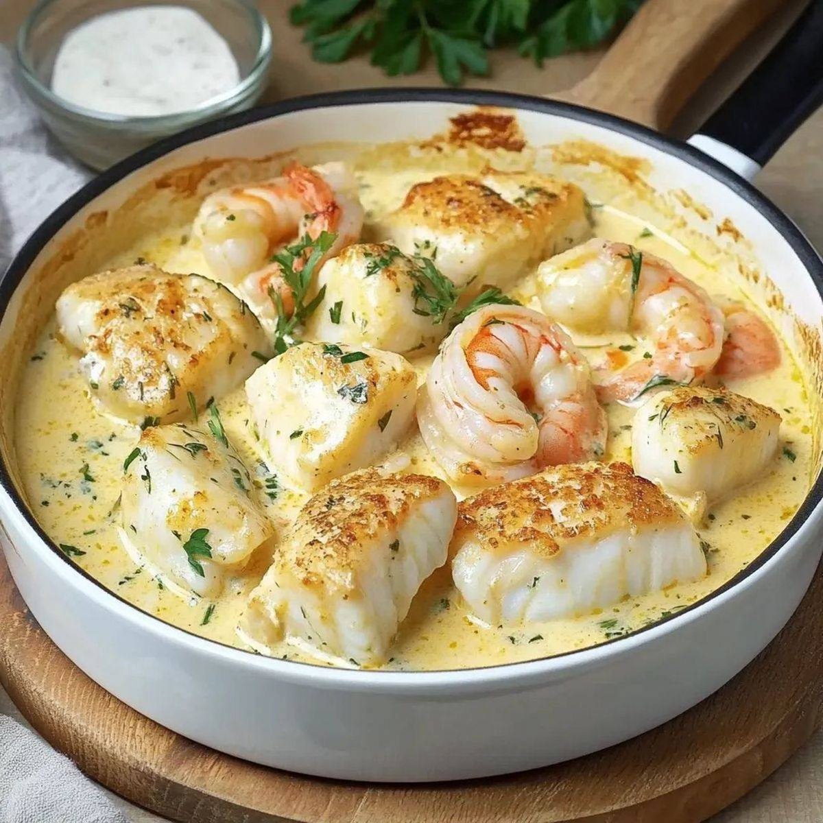 A Flavorful Delight: Shrimp and Cod in Creamy Garlic Sauce